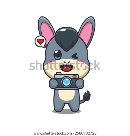 donkey mascot cartoon character vector illustration with camera.
design element for poster, brochure, web, mascot, sticker, logo and icon.