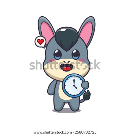 donkey mascot cartoon character vector illustration with clock. 
design element for poster, brochure, web, mascot, sticker, logo and icon.