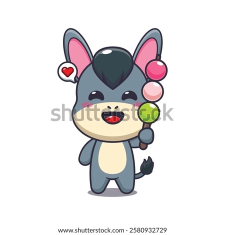 donkey mascot cartoon character vector illustration eating dango. 
design element for poster, brochure, web, mascot, sticker, logo and icon.