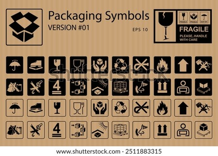 Corrugated Box Packaging and warning symbols set, fragile cargo icons, fragile package warning signs umbrella, box in hands, glass, side up box, logistics delivery shipping special labels  vector