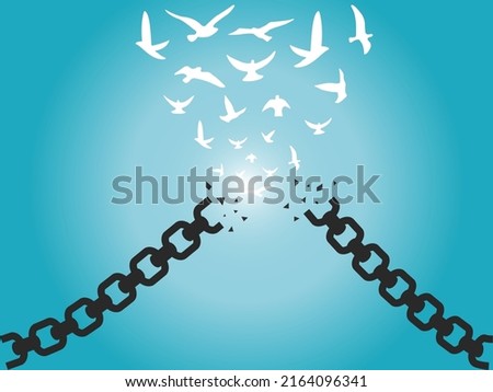 Chains breaking and birds flying to freedom. Happiness of freedom concept.