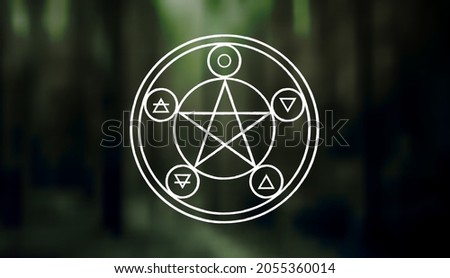 Pentagram ancient pagan symbol of five-pointed star isolated vector illustration on dark forest background