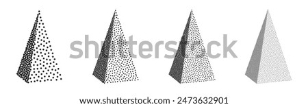 Set of 3D pyramids in halftone dotwork style. Vector illustration