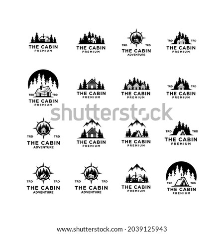 set collection premium wooden cabin and mountain pine forest retro vector black logo design isolated white background