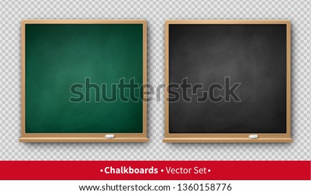 Vector illustration of green and black square chalkboards with wooden frames with piece of chalk and shadow isolated on transparency background.