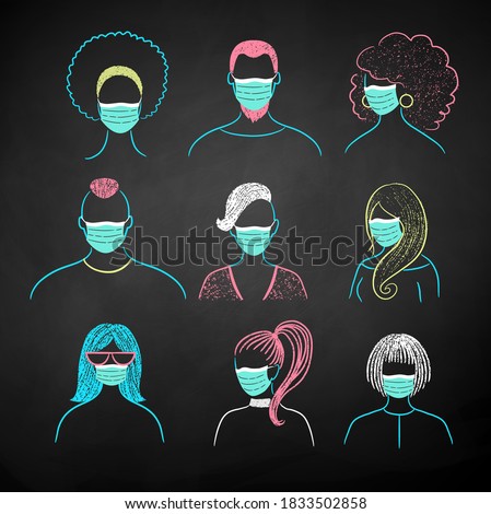 Vector chalk illustration collection of new normal user icons people wearing face masks on black chalkboard background.