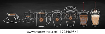 Coffee cups collection isolated on black chalkboard background. Vector chalk drawn sideview grunge illustration.