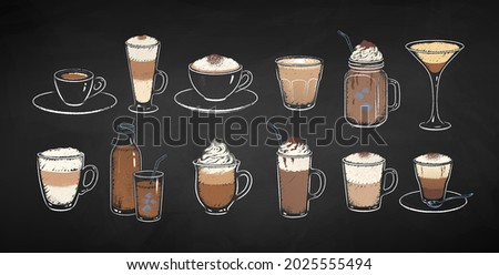 Collection of coffee drinks isolated on black chalkboard background. Vector chalk drawn sideview grunge illustrations.