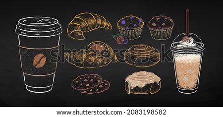 Chalk drawn vector illustration set of takeaway disposable Coffee cups and bakery desserts. Isolated on black chalkboard background.