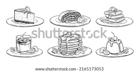 Vector vintage style sketch illustrations collection of desserts and cakes on plates isolated on white background.