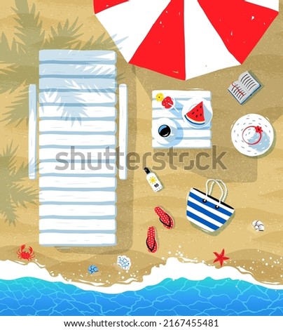 Summer vector illustration of sun bed, parasol and seaside accessories on beach sand background with sea surf.