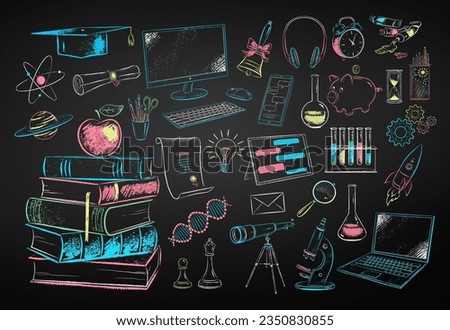 Vector color chalk drawn illustration set of education and science items on chalkboard background.