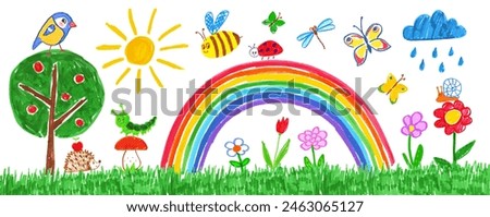 Felt pen hand drawn vector illustrations set of child drawing of summer landscape with flowers and trees