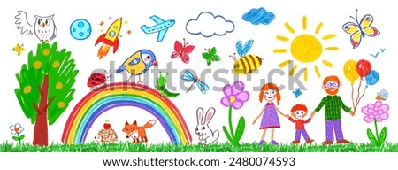 Felt pen hand drawn vector illustrations set of child drawing of family summer nature background