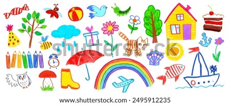 Felt pen hand drawn vector illustrations set of child drawings and doodles