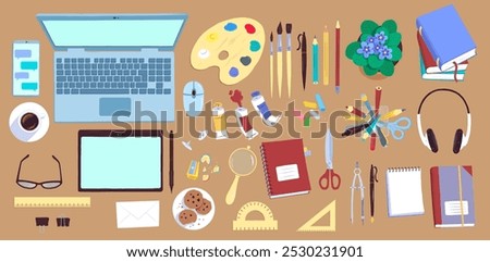 Top view flat lay vector illustration of artists workplace with laptop