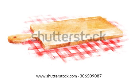 Watercolor hand drawn illustration of kitchen cutting board on red checkered tablecloth.