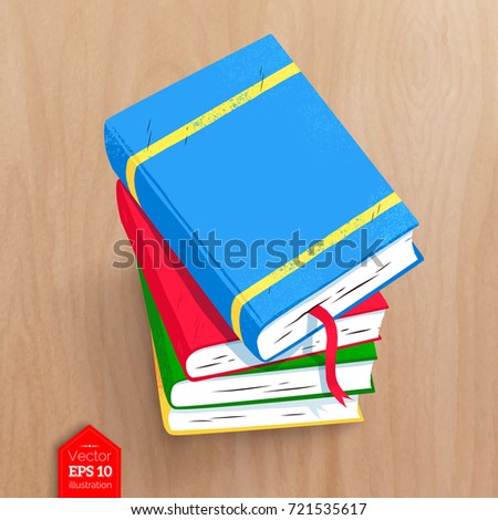 Top view vector illustration of books with realistic shadow on wooden table background.