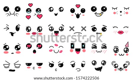 Kawaii cute faces. Manga style eyes and mouths. Funny cartoon japanese emoticon in in different expressions. Expression anime character and emoticon face illustration. Background, Wallpaper. Emotions.