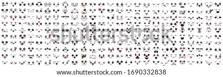 Kawaii cute faces. Manga style eyes and mouths. Funny cartoon japanese emoticon in in different expressions, mega Big Set. Expression anime character and emoticon face illustration. Background. Print.