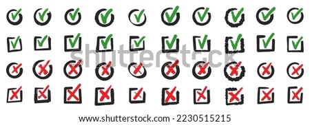 Hand drawn checkbox, examination mark and checklist marks. Doodle check marks. Check signs sketch, voting agree checklist mark or examination task list. sign Isolated vector illustration symbols set.