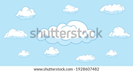 Cartoon clouds isolated on blue sky panorama vector collection. Cloudscape in blue sky, white illustration cloud