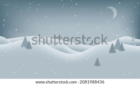 Winter landscape with snow-covered hills. Vector Christmas background. Fir trees, snow, blizzard, moon. The aspect ratio is 16:9.