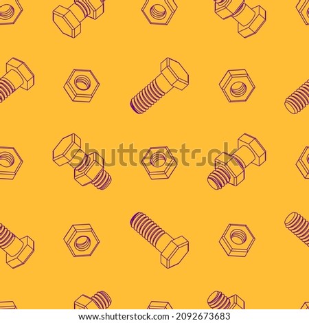 Seamless pattern with contour bolts and nuts on a yellow background. Isometric 3D vector illustration. For repair service, technical support, tool shop or others.