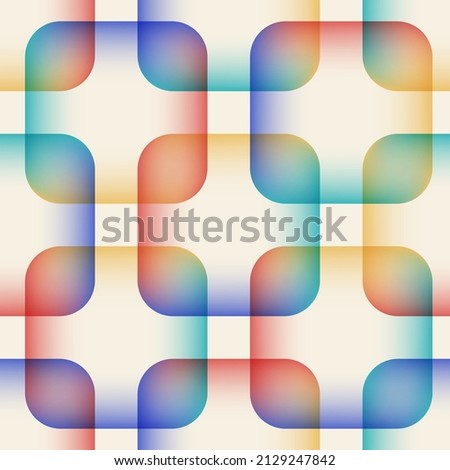 Abstract multicolored seamless pattern of overlapping transparent squares with rounded corners with multicolored gradient fill. Vector illustration.