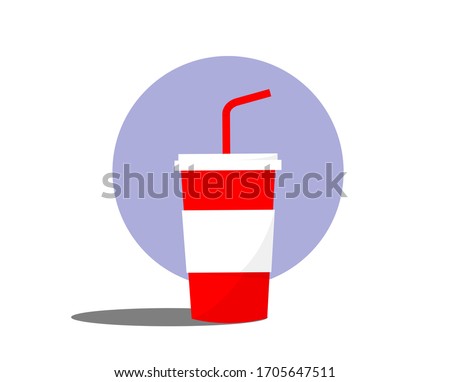 Paper cup icon in flat style. Red cups with straws for soda, juice or cold beverage. Glass with long shadow isolated on colored background. Drink icon. Fast food. Vector illustration EPS 10.