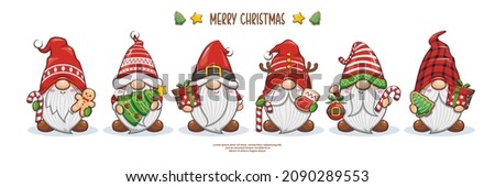 Set Of Merry Christmas With Cute Gnomes Santa Claus Banner Design. Cute Cartoon Illustration