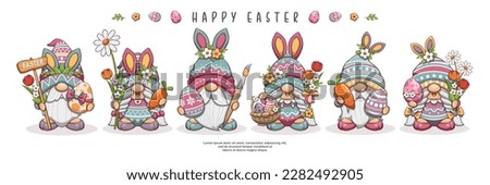 Happy Easter Banner With Cute Gnomes. Set Of Gnomes Character On Easter Party. Cute Cartoon Vector Illustration