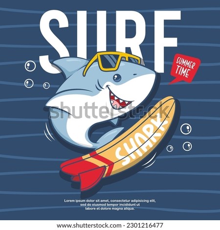 Funny Surf Shark With Surfboard. Summer Time. Cute Cartoon Illustration
