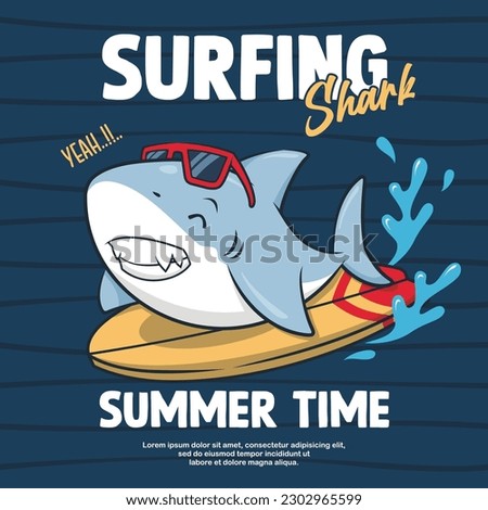 Surfing Shark, Summer Time. Cute Cartoon Illustration
