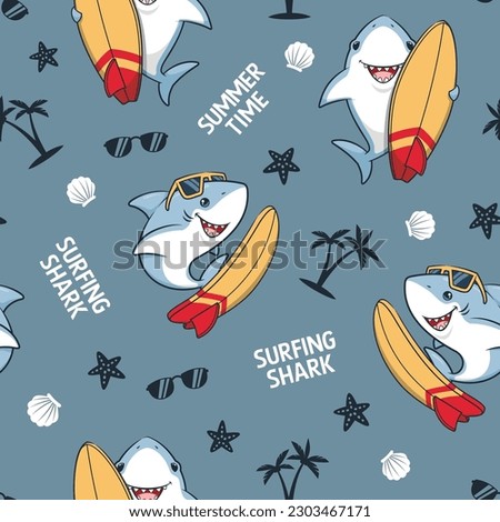 Seamless Pattern Summer Time With Surfer Shark, Cute Cartoon Illustration