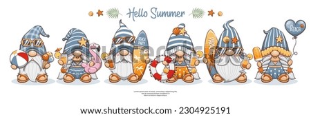 Hello Summer Beach Party With Cute Gnomes On Banner Design. Set Of Surfing Gnome Character, Cartoon Illustration