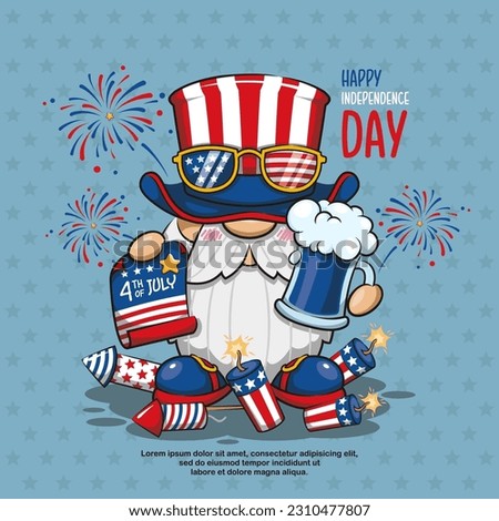 Happy 4th of July America Independence With Gnome Celebrating, Cute Cartoon Illustration