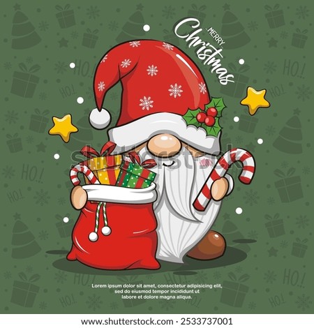 Cute Gnome Santa With Christmas Bag On Green Background. Cute Cartoon Illustration