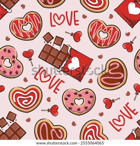 Seamless Pattern With Cute Chocolate And Love Sweet Donut, Valentine's Day Decorated Cookies Cartoon Illustration.