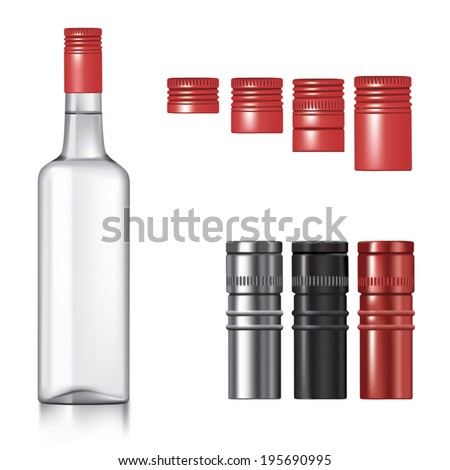 Classic vodka bottle with different caps. Vector illustration