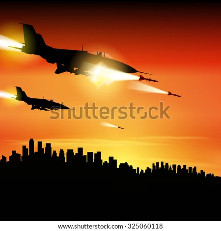 Military jets shooting at ground targets. Fighter jets fired a missiles. Vector illustration