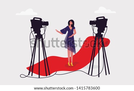 Beautiful woman lady is posing on red carpet  with beautiful fashion dress in front of camera media television in press media show event