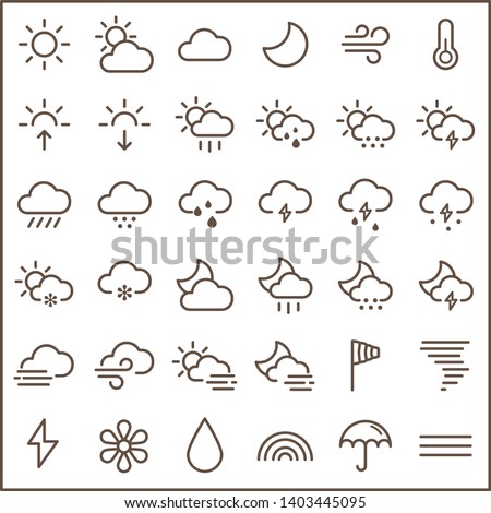 Set of weather line icon set. Included the icons as sunny, partly sunny, raining, snowing,  cloudy, rainbow and more
customize color, stroke width control , easy resize.