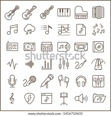 Set of music line icon set. Included the icons as instrument, musical, cassette,  setting, microphone, records and more.
customize color, stroke width control , easy resize.