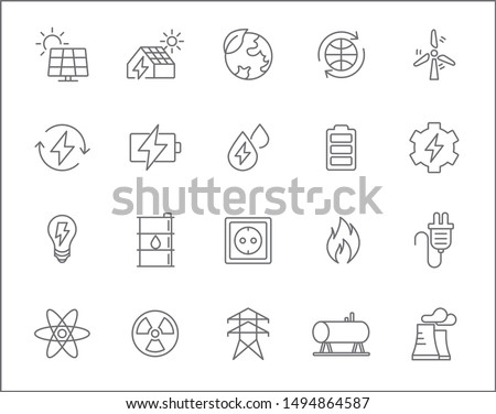 Set of energy and renewable Icons line style. Included the icons as wind ,solar energy, hydrogen, power station, low energy house And Other Elements.