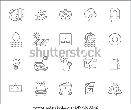 Set of energy and solar power Icons line style. Included the icons as solar panels,  green energy, oil, ecology, power socket And Other Elements.
customize color, stroke width control , easy resize.
