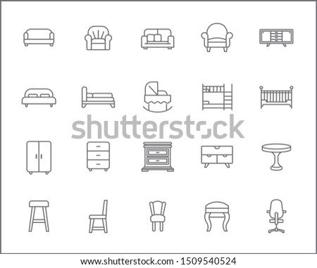 Set of furniture and interior Icons line style. Included the icons as bed, sofa,  couch, table, a double-deck bed, chair, stool, wardrobe and more.
customize color, stroke width control , easy resize.