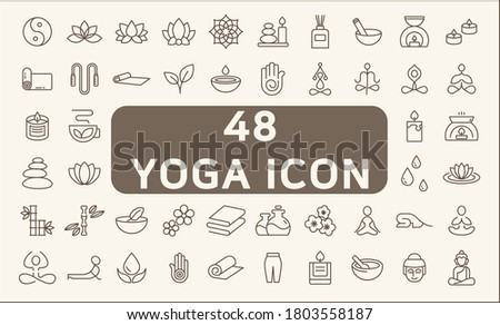 Set of 48 yoga and spa icons line style. It contains such Icons as wellness, pose, beauty, peace, therapy and other elements. customize color, stroke width control , easy resize.