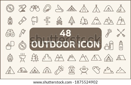 Set of 48 camping and outdoor Icons line style. Contains such Icons as hiking, mountain, tent, compass, knife, bonfire, fire, lamp, forest And Other Elements. customize color, easy resize.