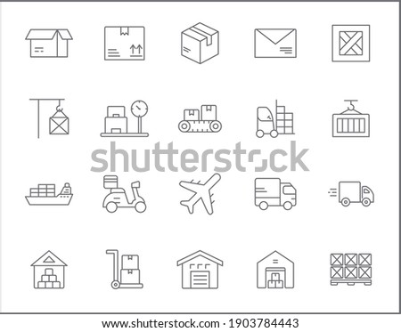 Set of logistics and delivery line style. It contains such Icons as box, shopping, commerce, retail, trade, merchandise, container, vehicle, truck and other elements. customize color, easy resize.